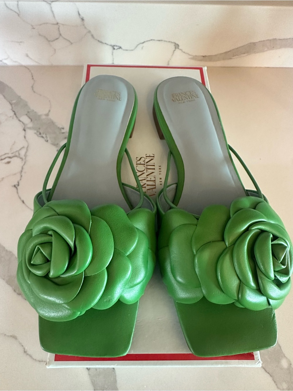 Frances Valentine Green Leather Floral Slide Sandals, Sz 8.5